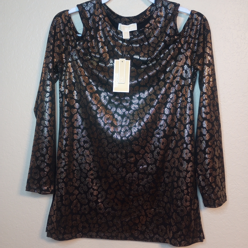 Michael Kors Black and Gold Leopard Long Sleeve Top With Cold Shoulder